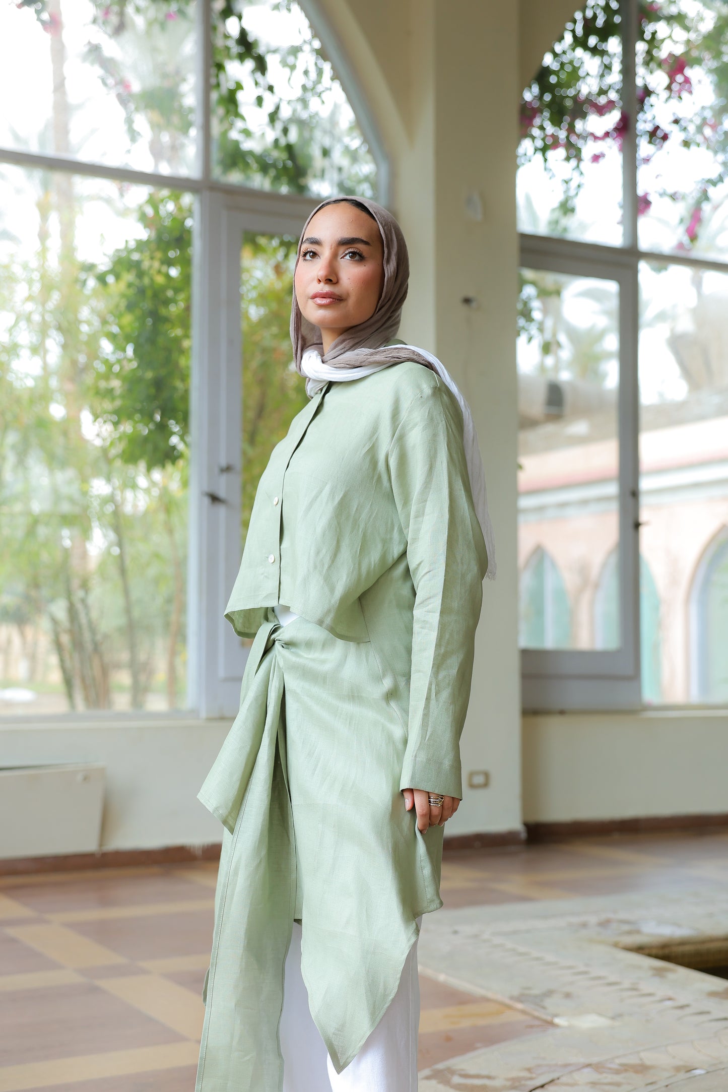 Paneled Tie-front shirt in mint green