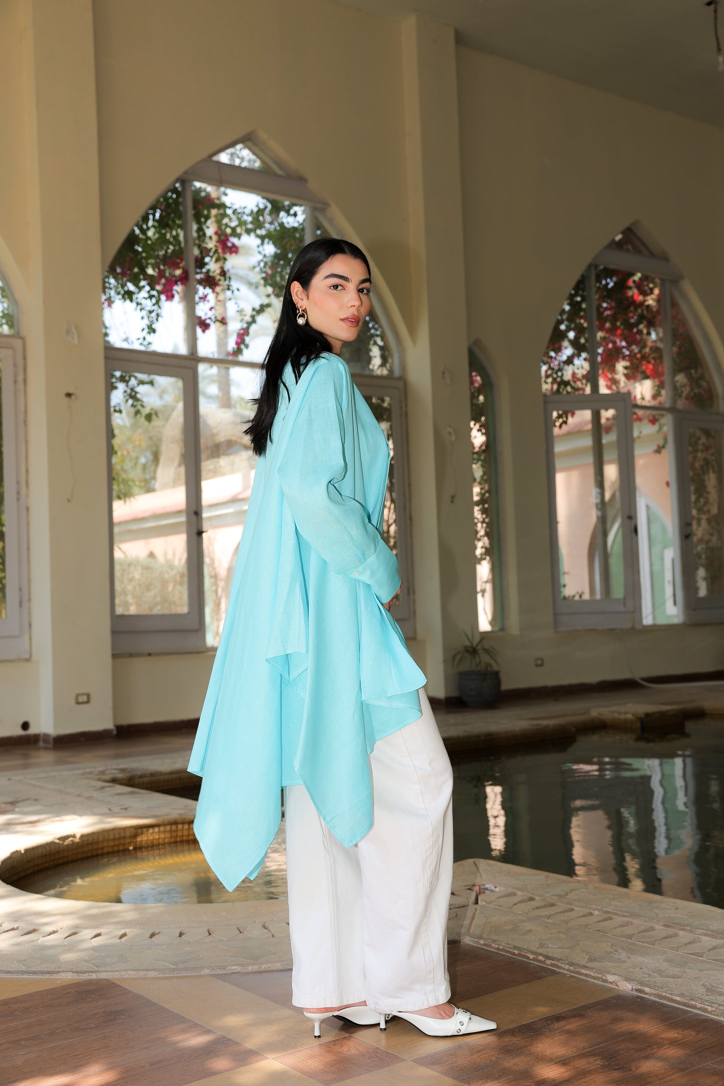 Fatima cardigan in pure linen turquoise
