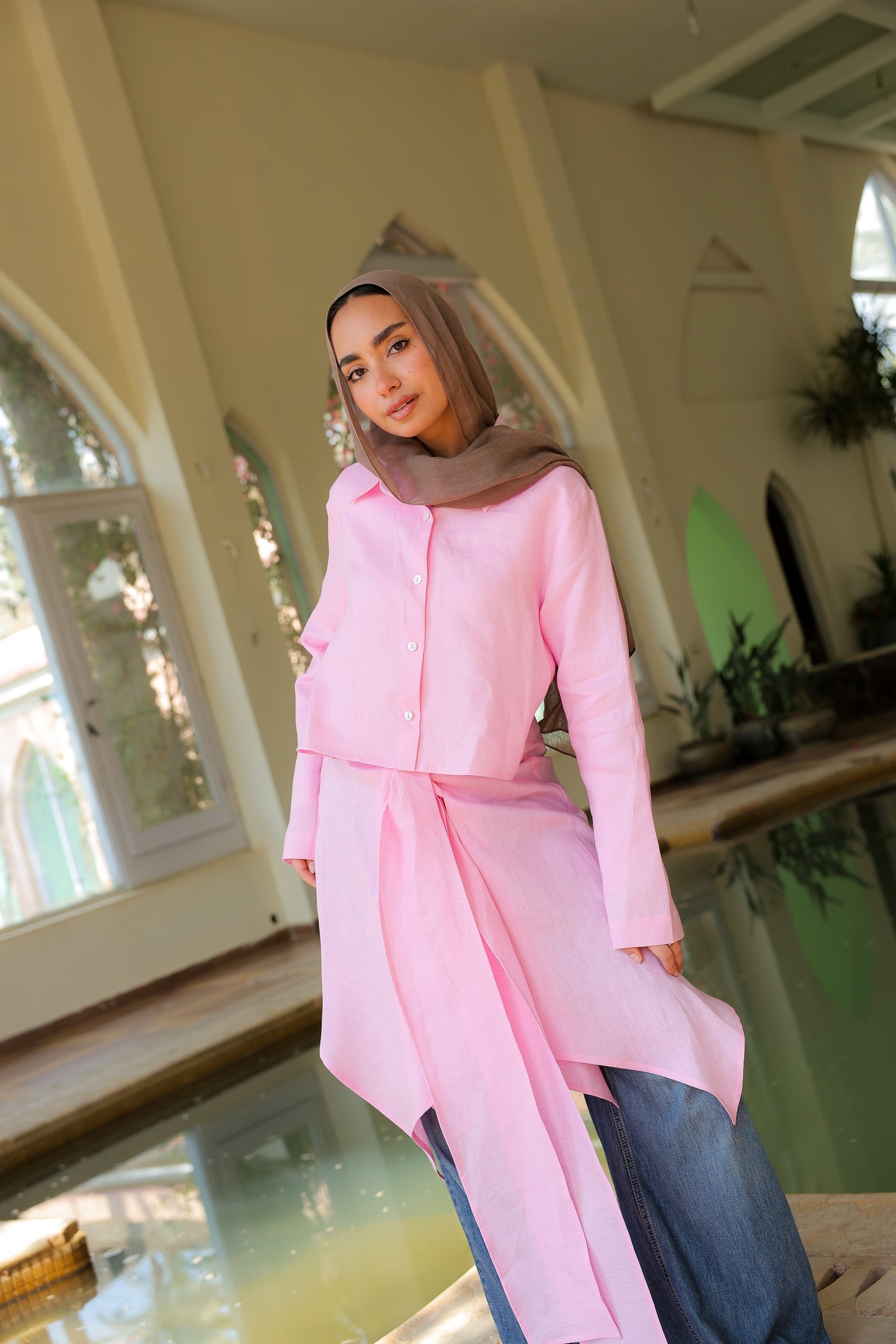 Paneled Tie-front shirt in pink