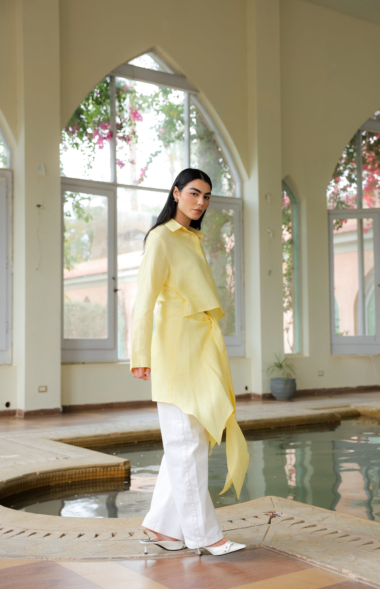 Paneled Tie-front shirt in yellow