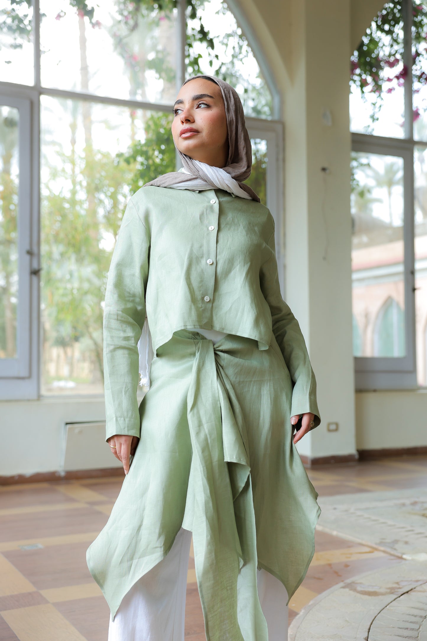 Paneled Tie-front shirt in mint green