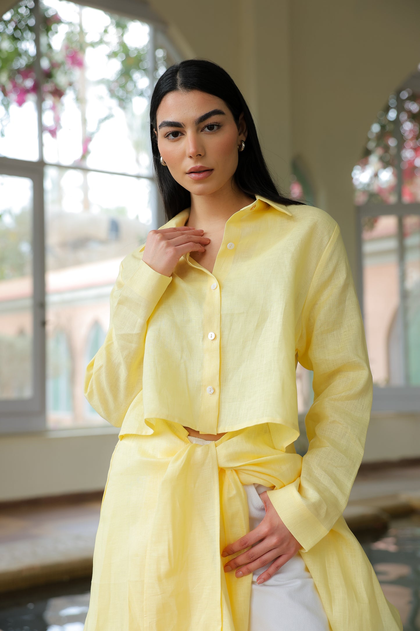 Paneled Tie-front shirt in yellow
