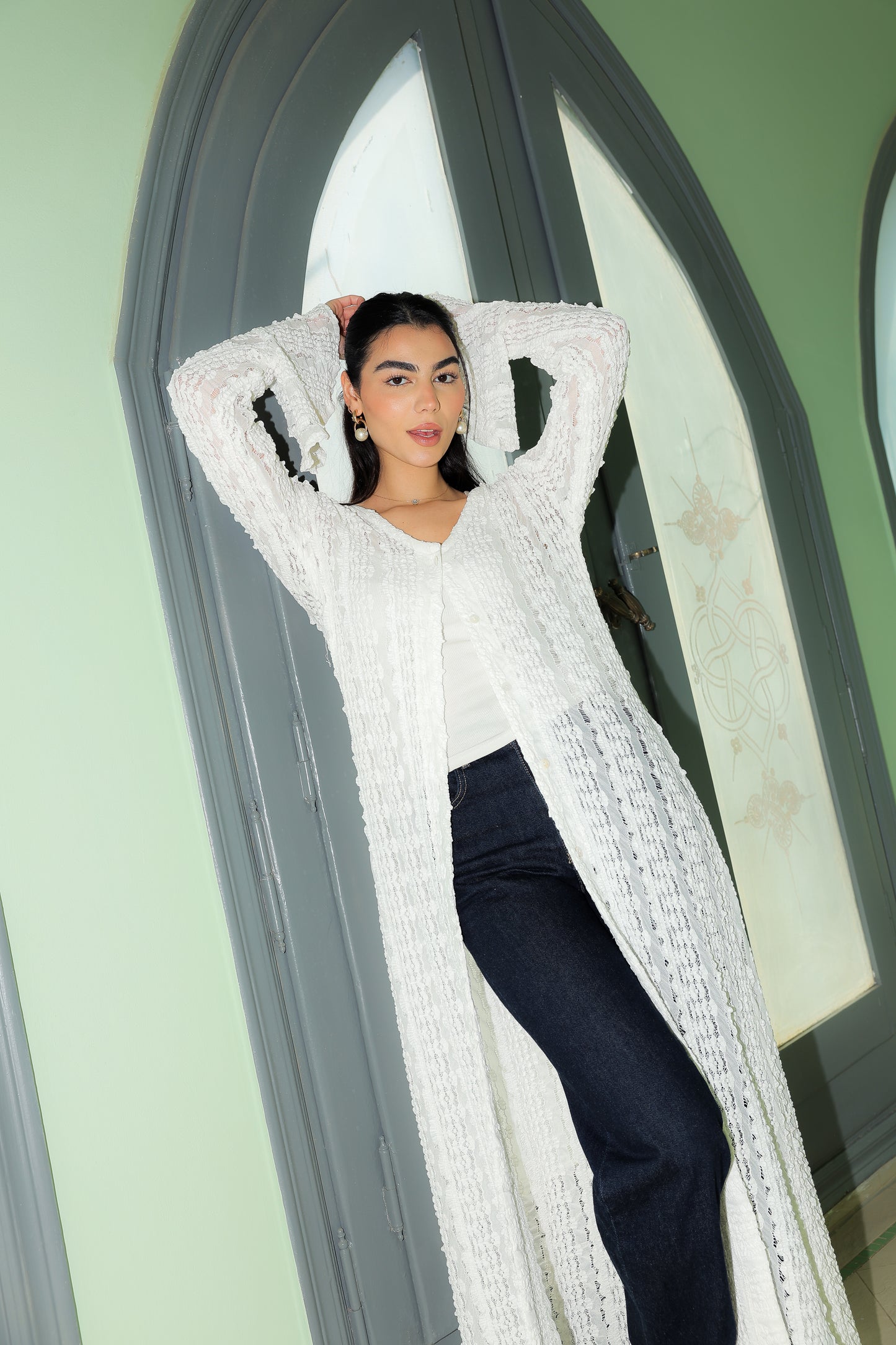 V lace cardigan in white