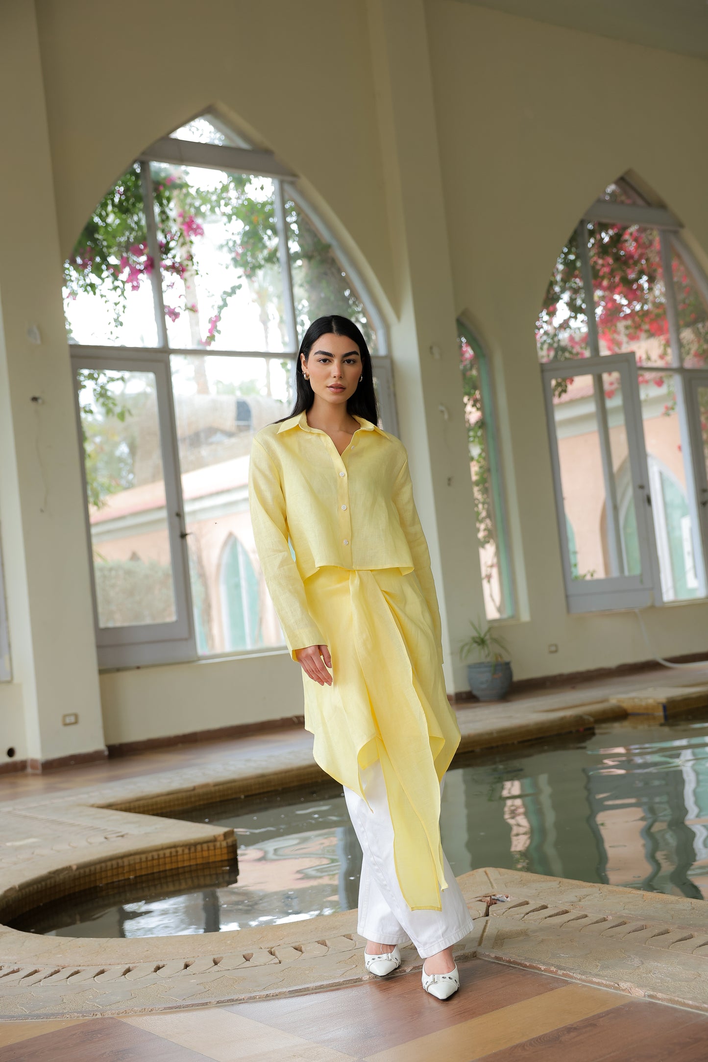 Paneled Tie-front shirt in yellow
