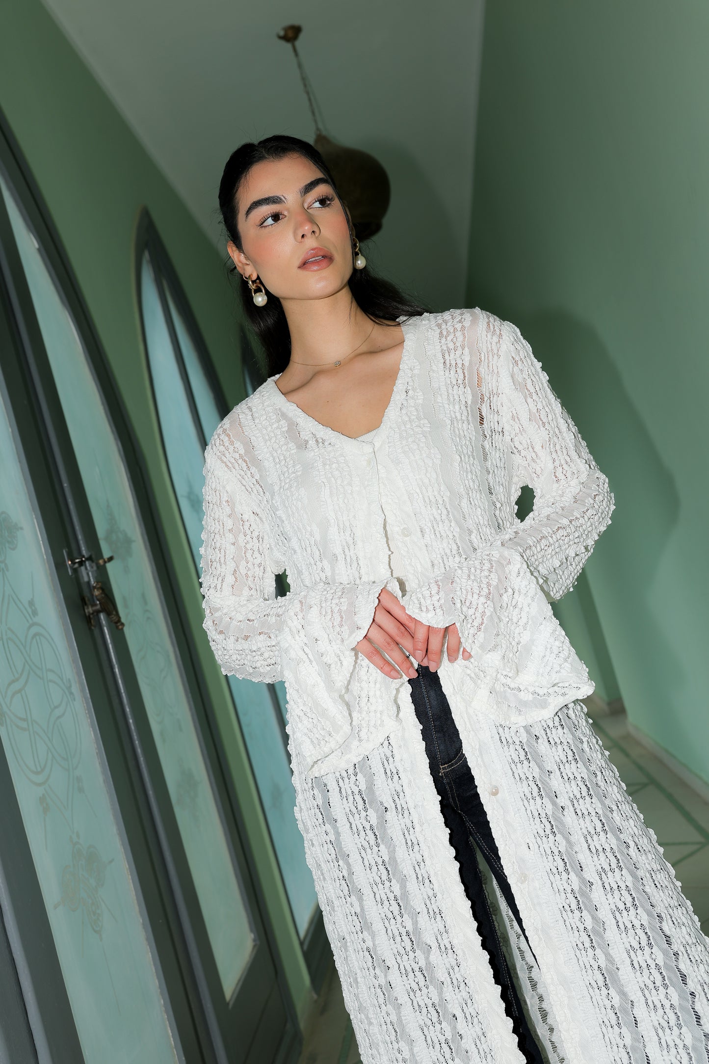 V lace cardigan in white