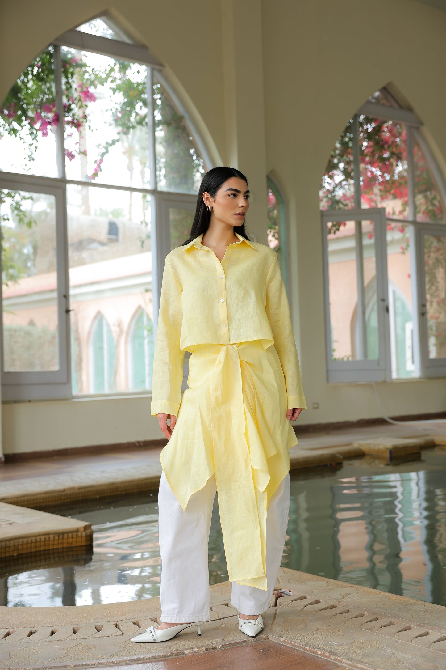 Paneled Tie-front shirt in yellow