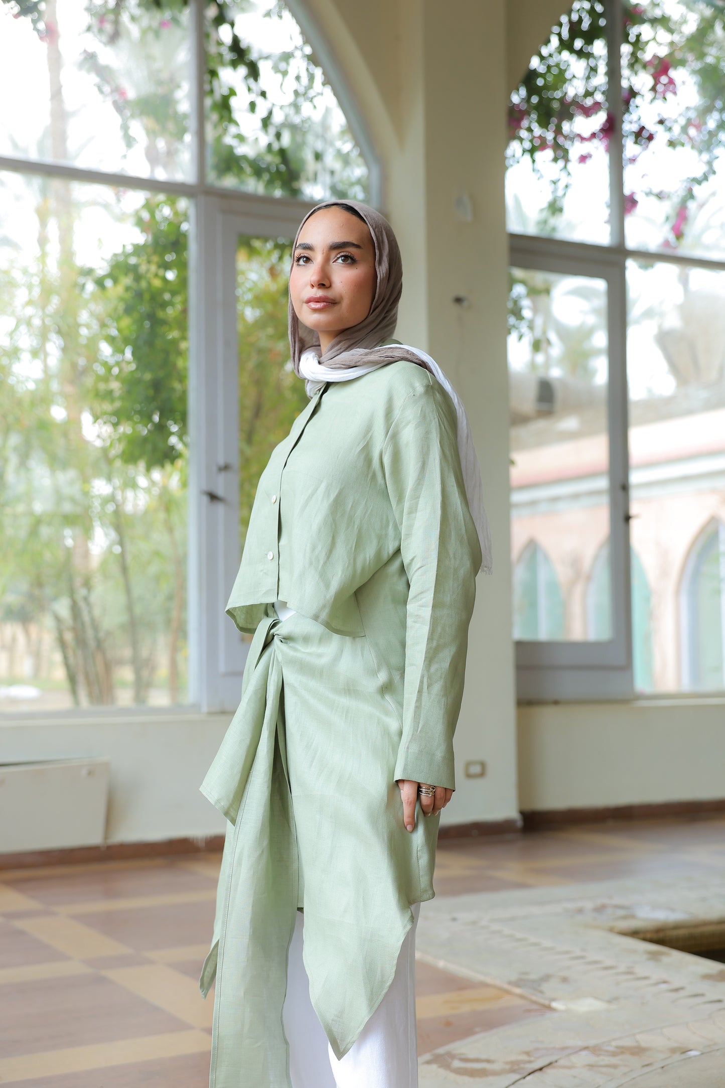 Paneled Tie-front shirt in mint green