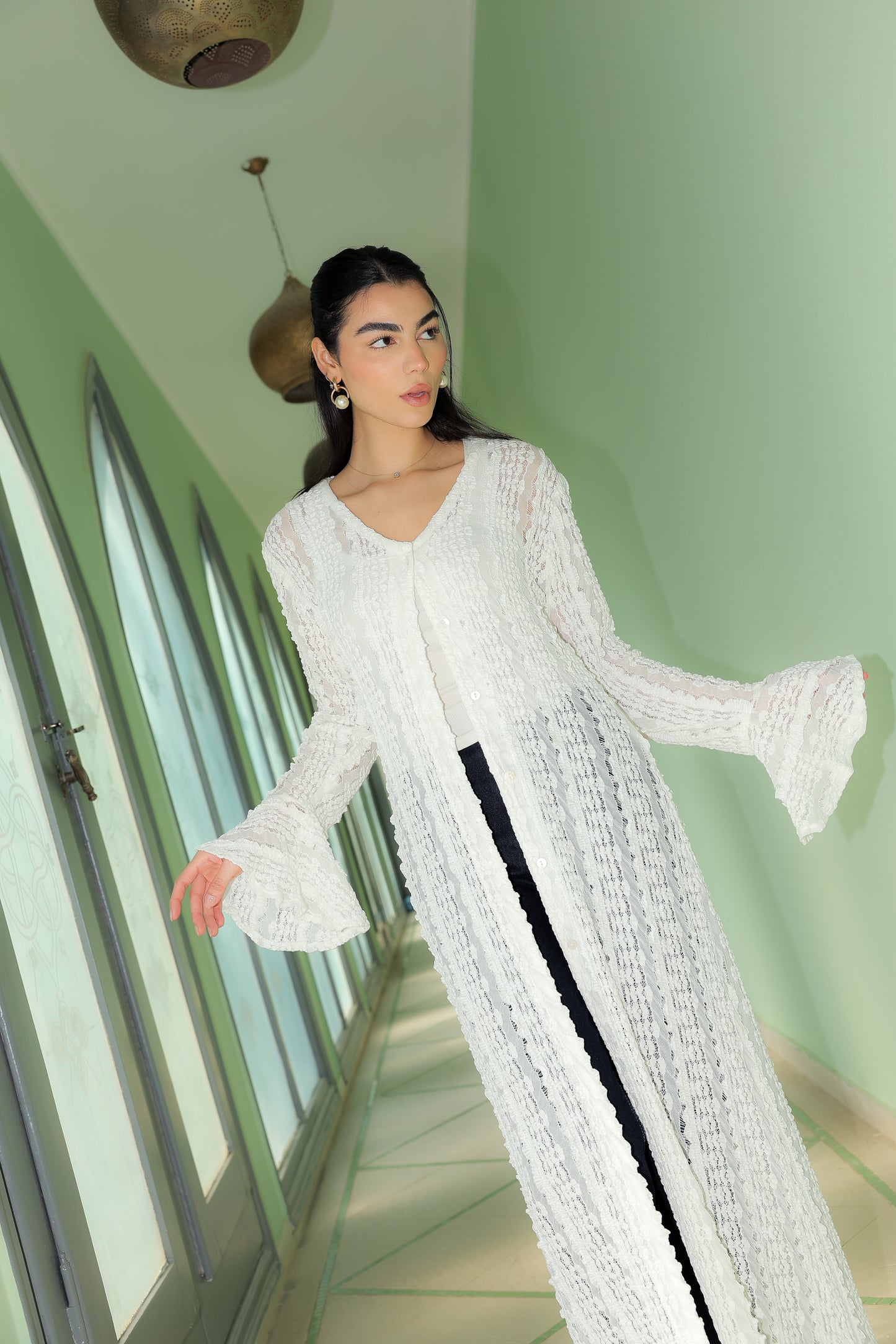 V lace cardigan in white