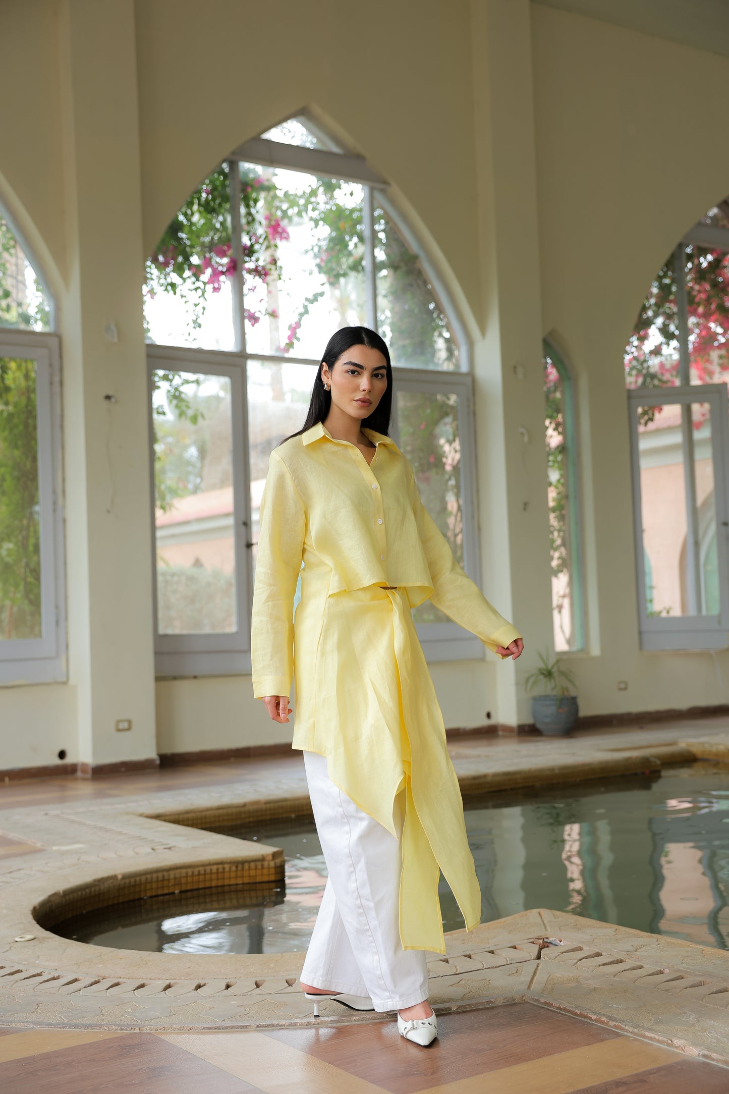 Paneled Tie-front shirt in yellow