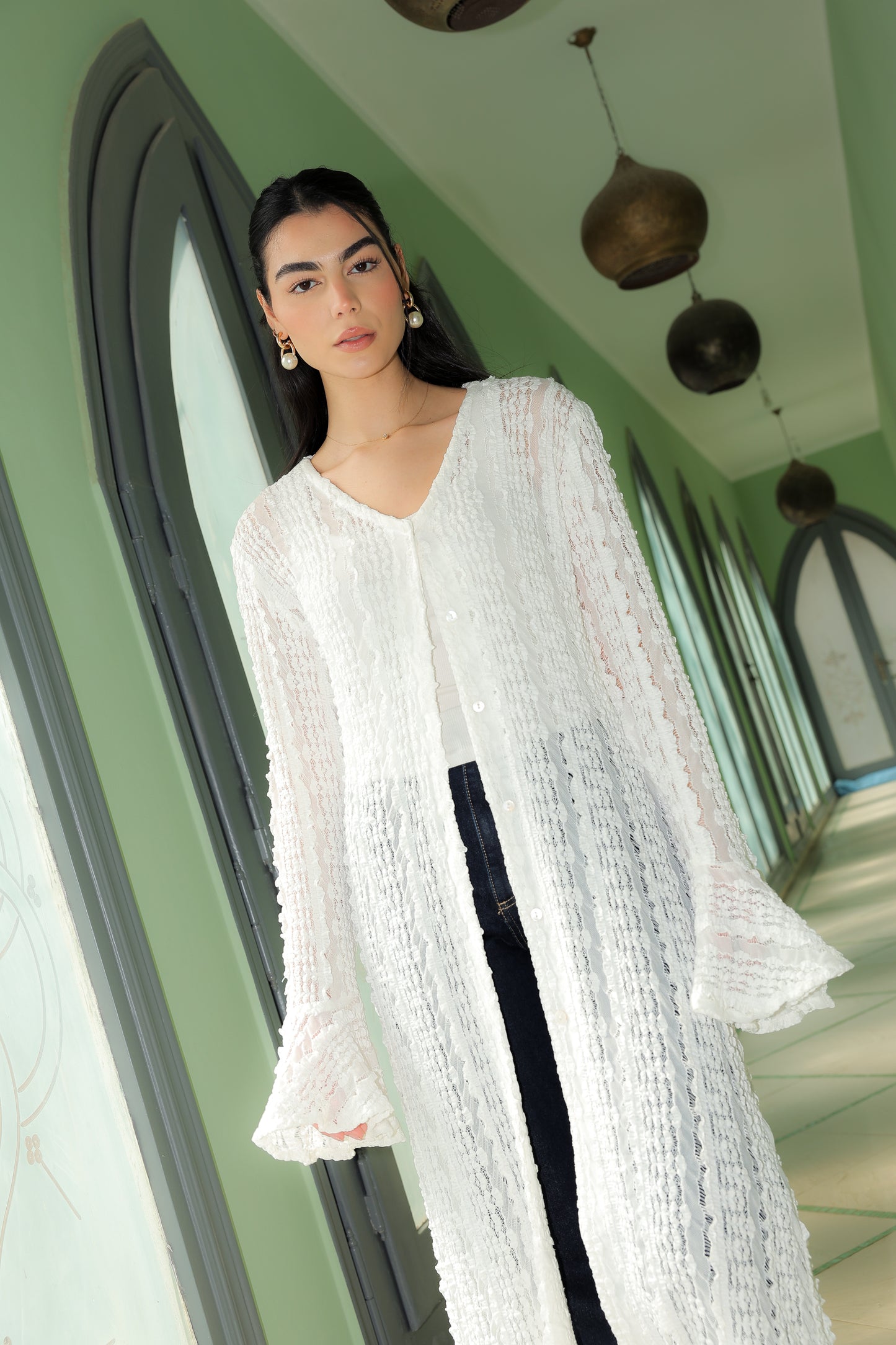 V lace cardigan in white
