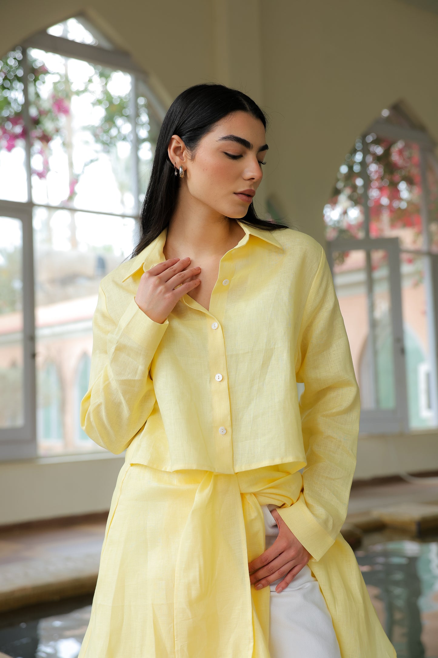 Paneled Tie-front shirt in yellow