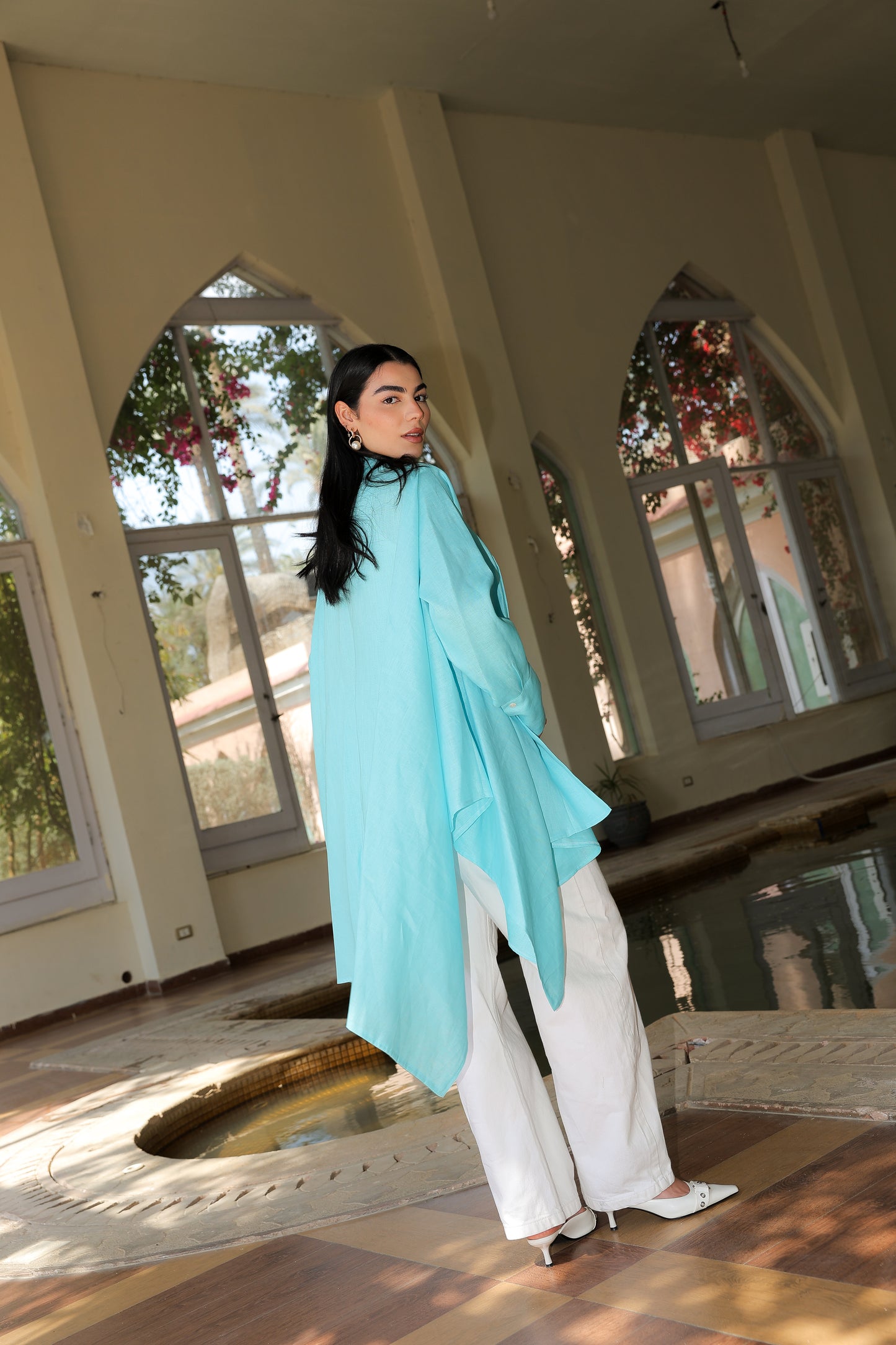 Fatima cardigan in pure linen turquoise