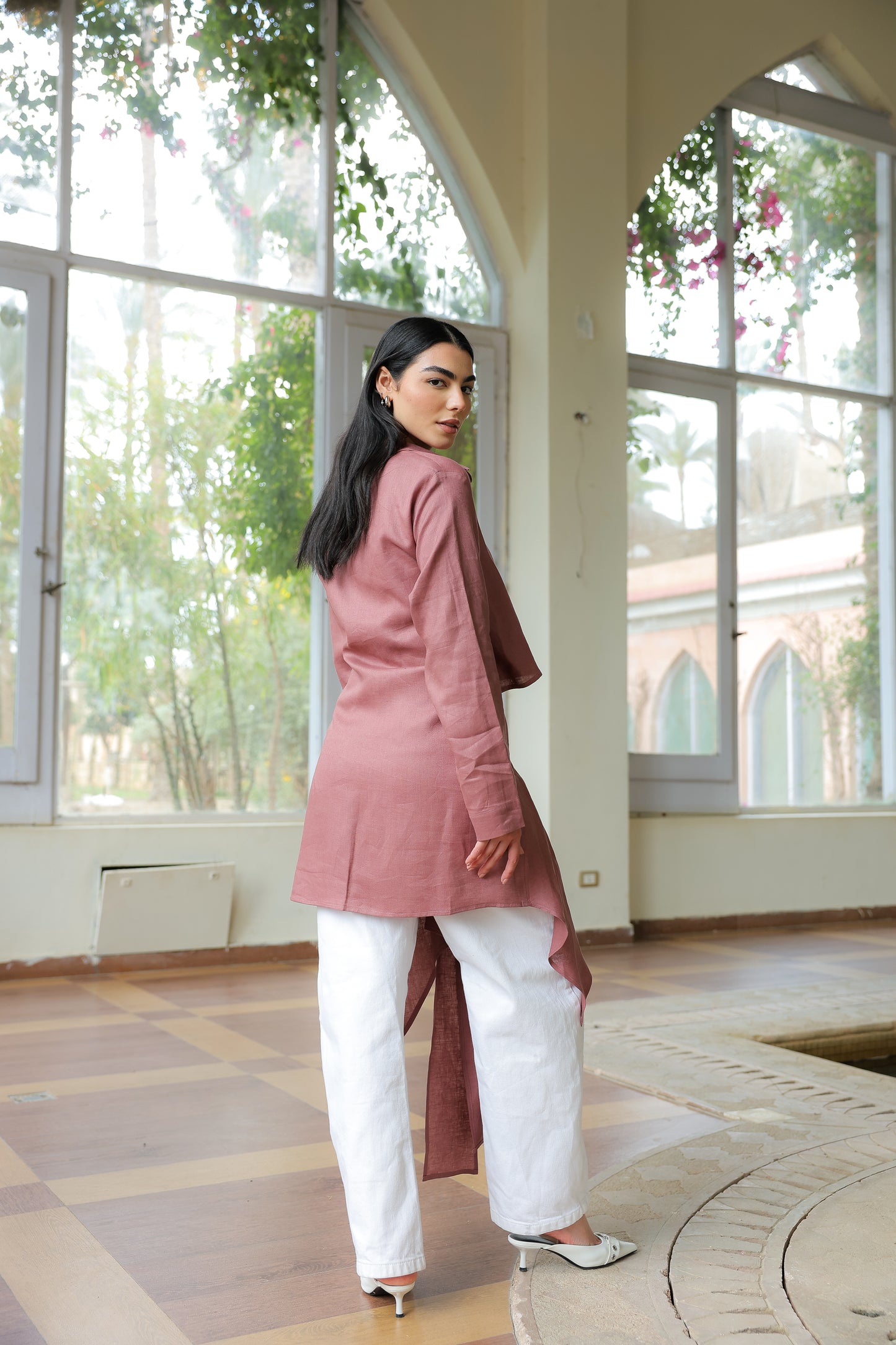Paneled Tie-front shirt in rosewood