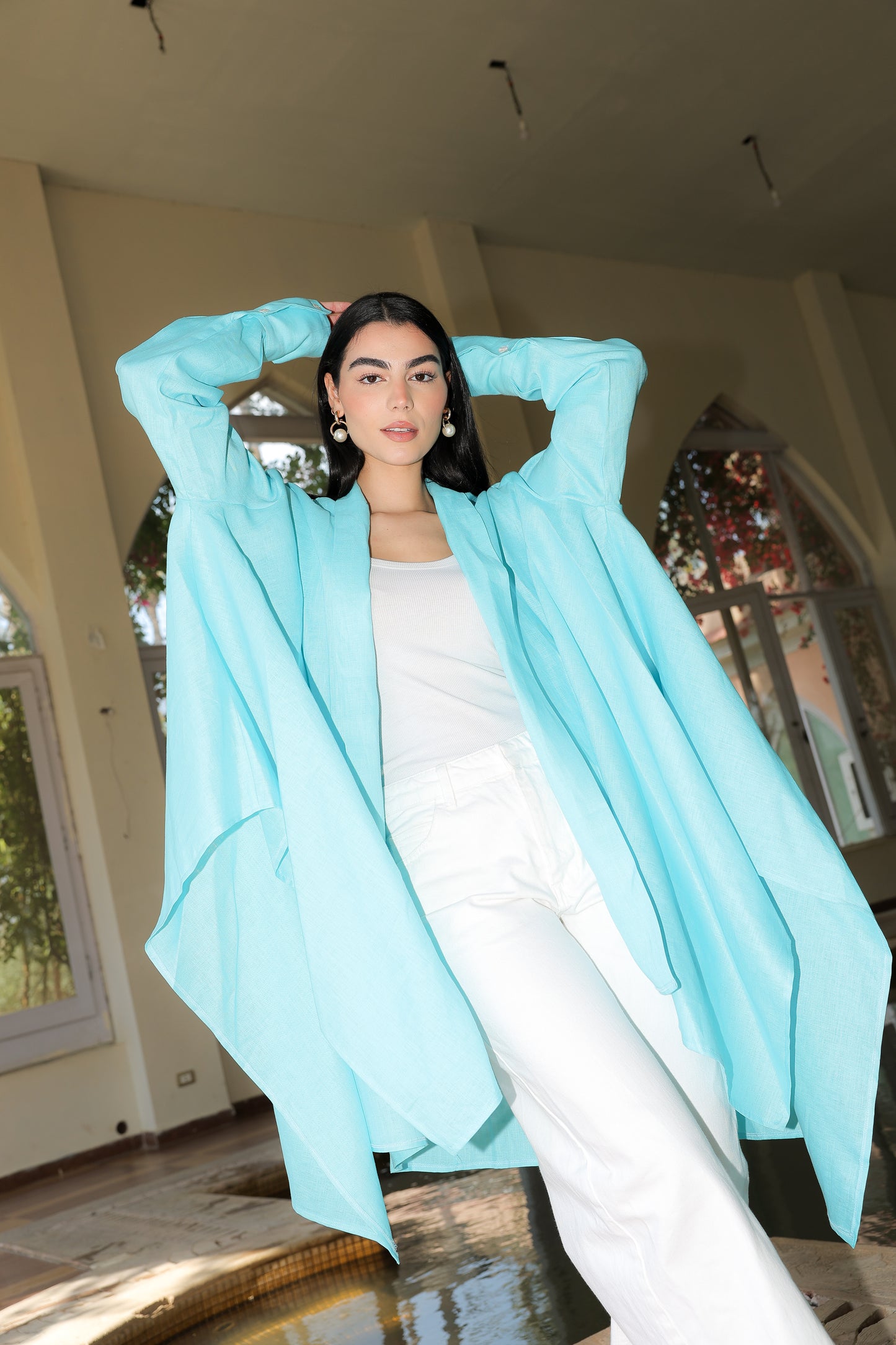 Fatima cardigan in pure linen turquoise