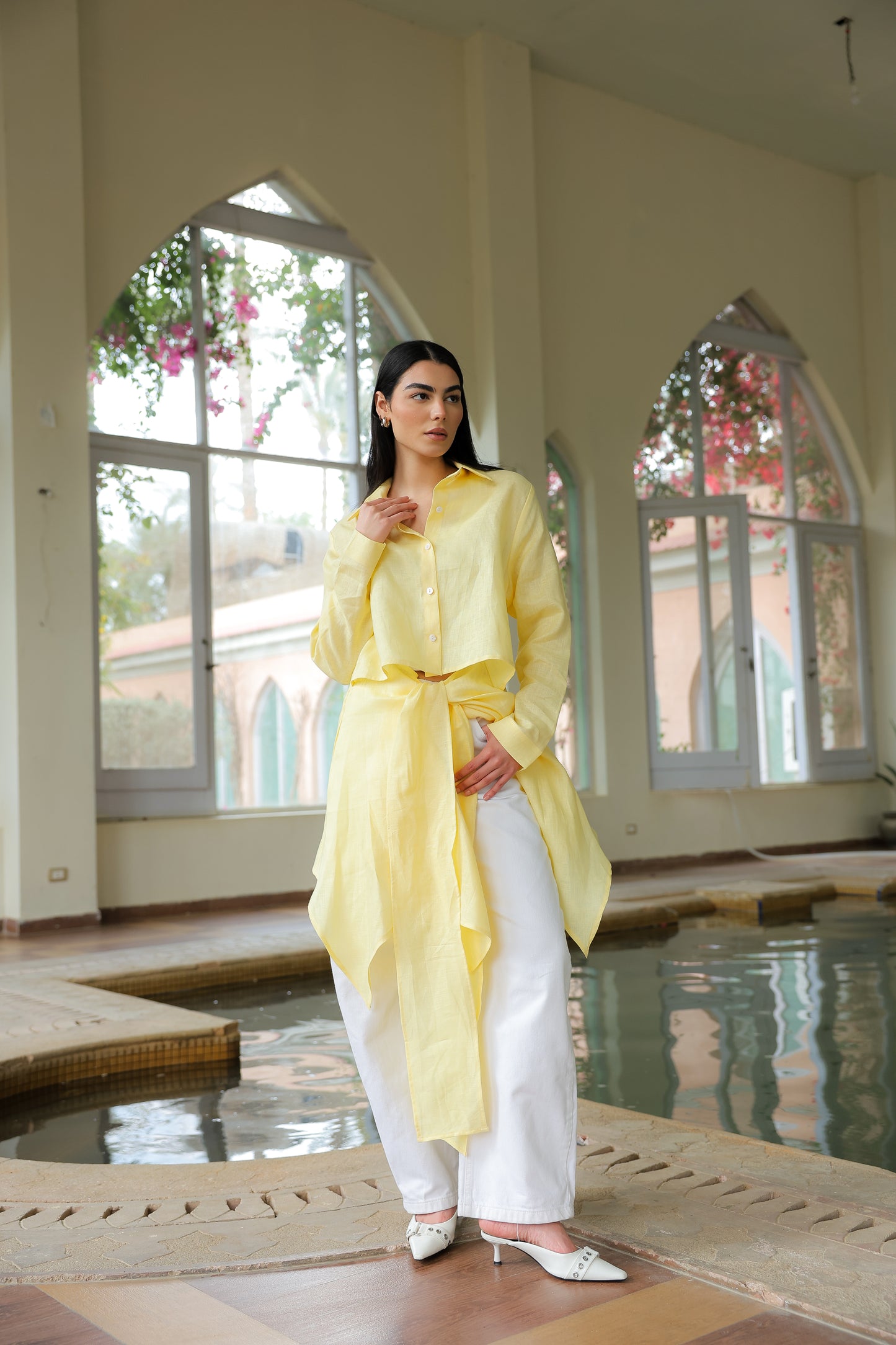 Paneled Tie-front shirt in yellow