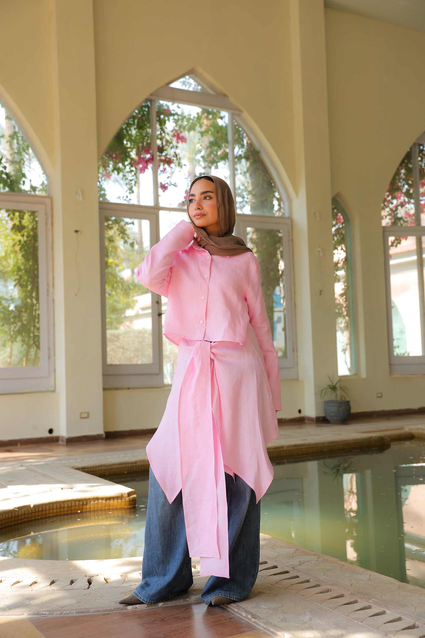 Paneled Tie-front shirt in pink