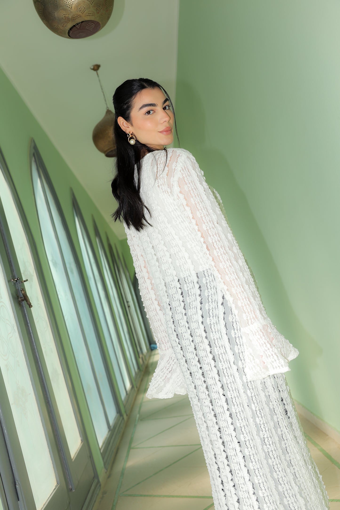 V lace cardigan in white
