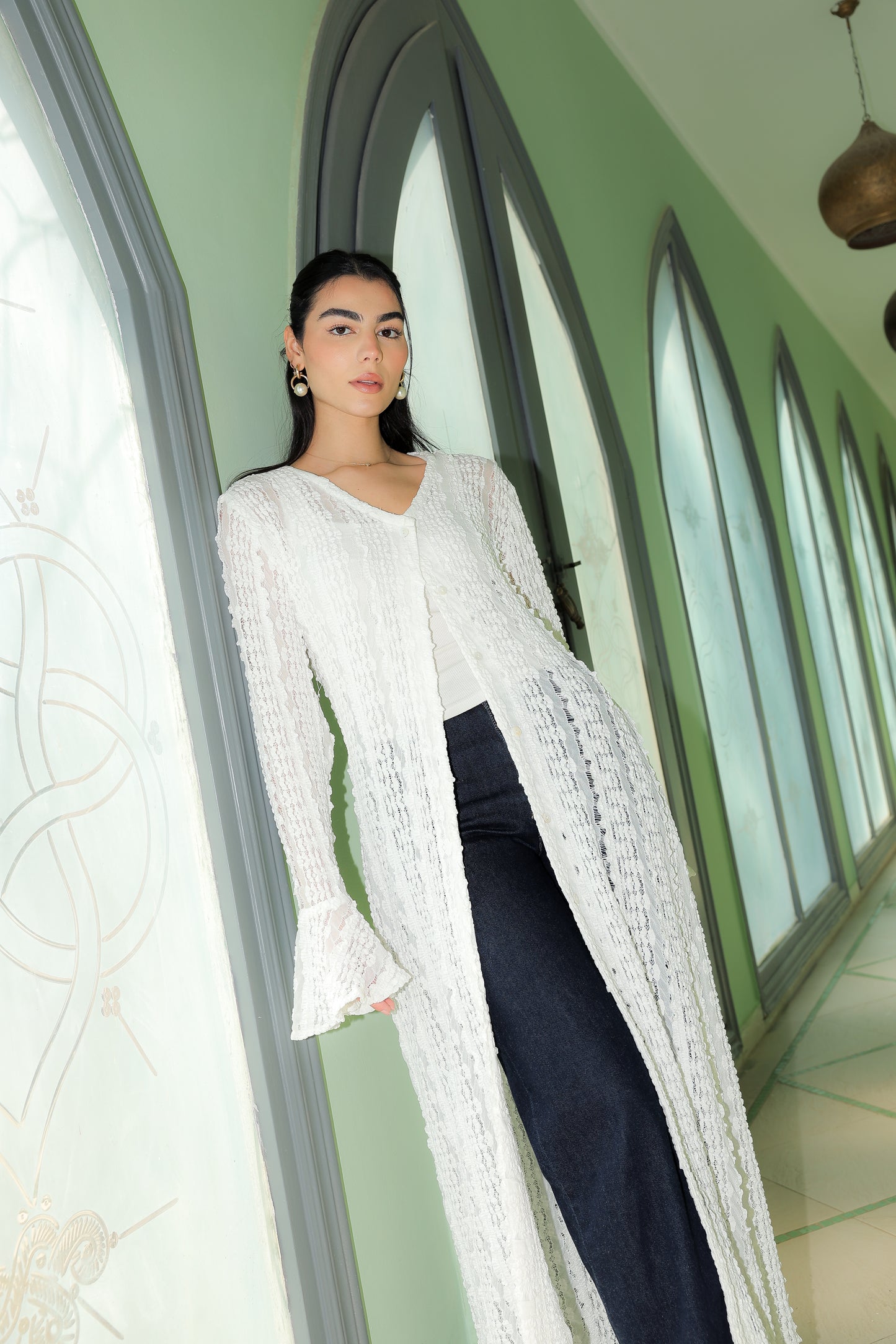 V lace cardigan in white