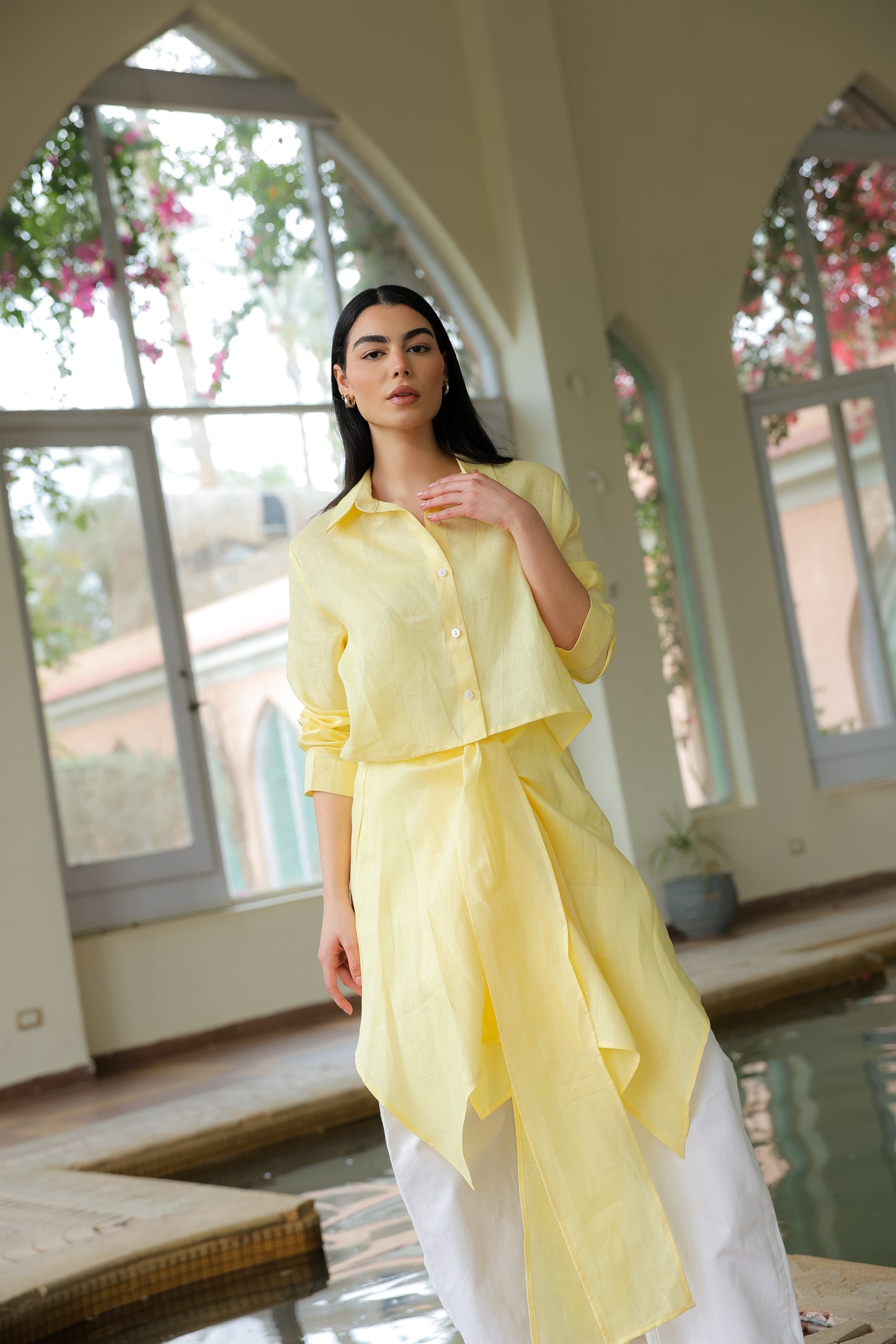 Paneled Tie-front shirt in yellow