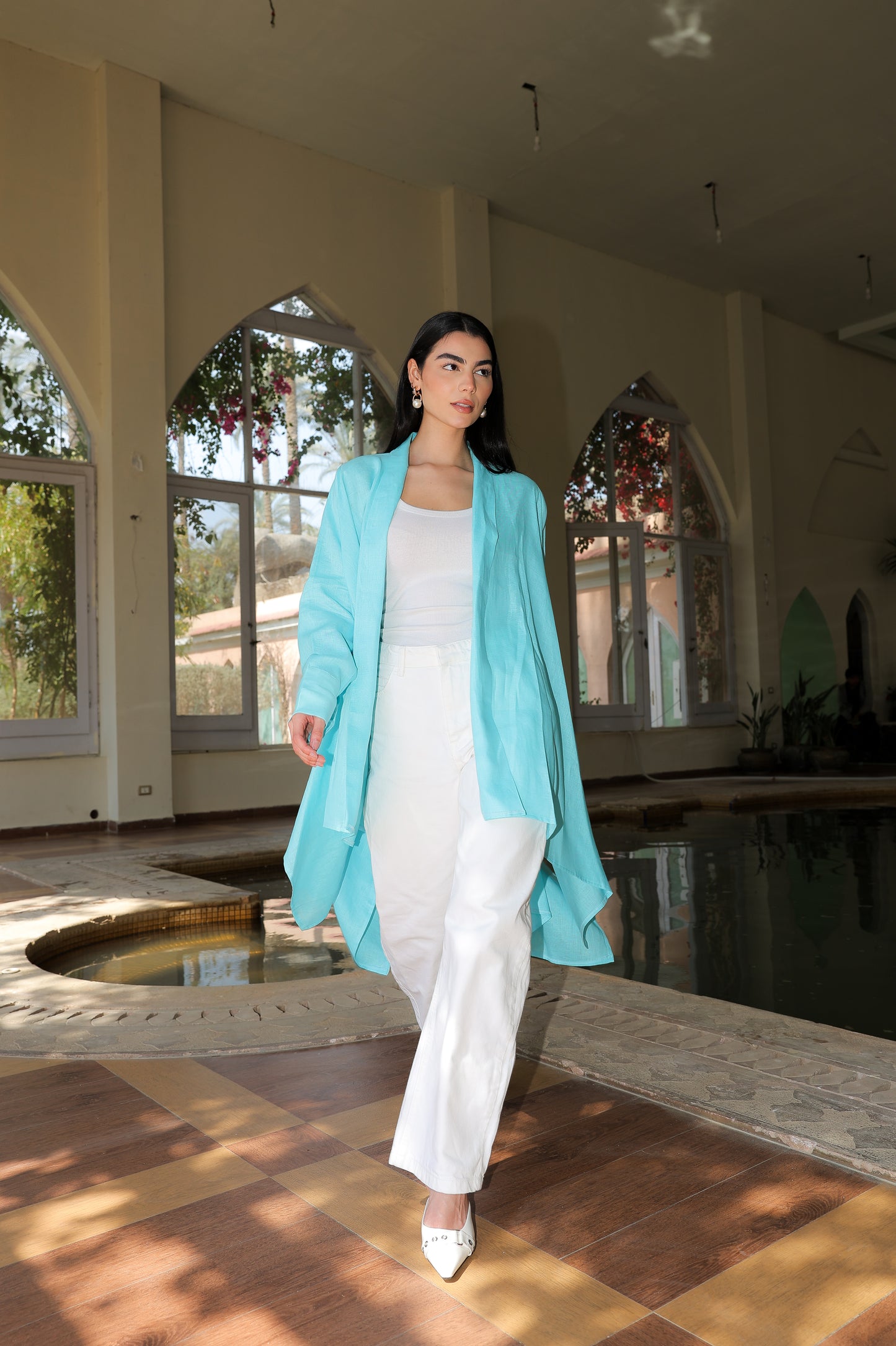 Fatima cardigan in pure linen turquoise