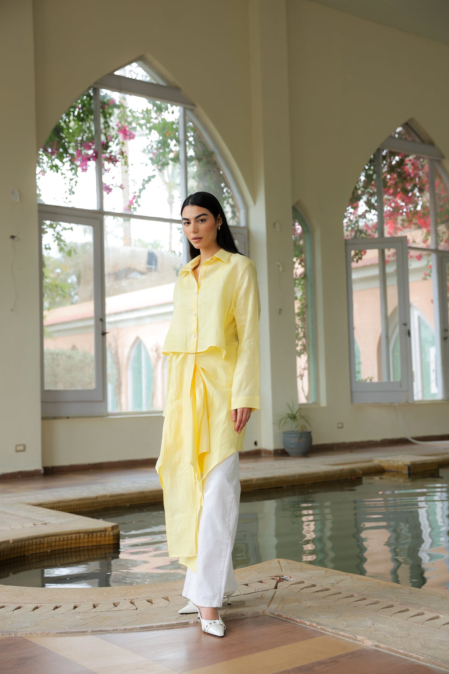 Paneled Tie-front shirt in yellow