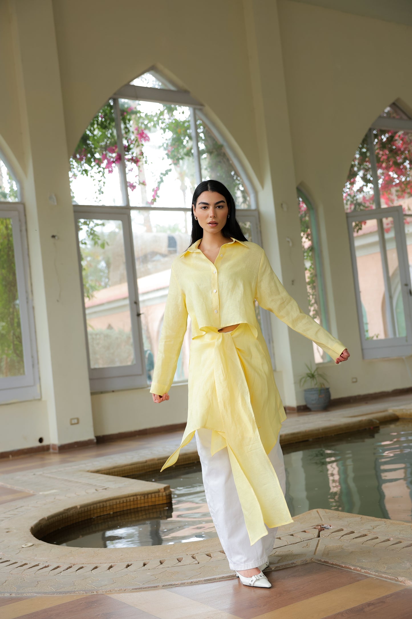 Paneled Tie-front shirt in yellow