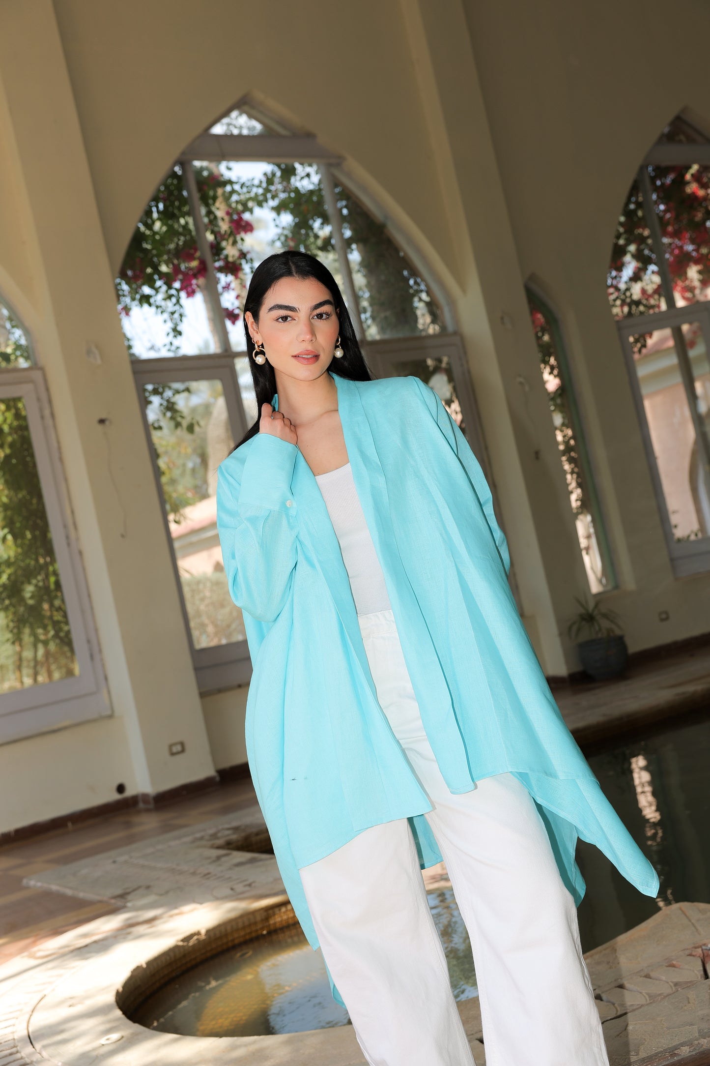 Fatima cardigan in pure linen turquoise