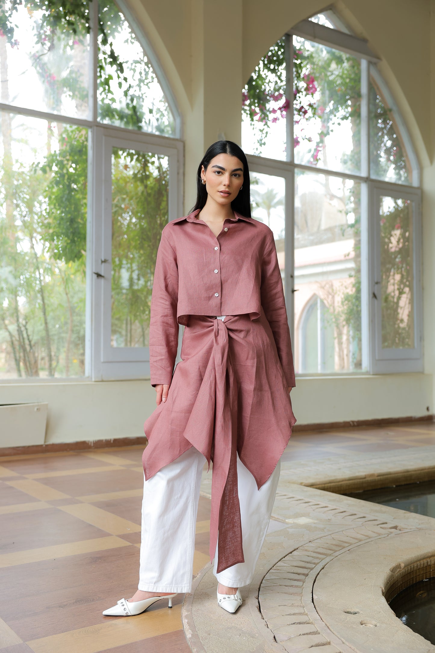 Paneled Tie-front shirt in rosewood