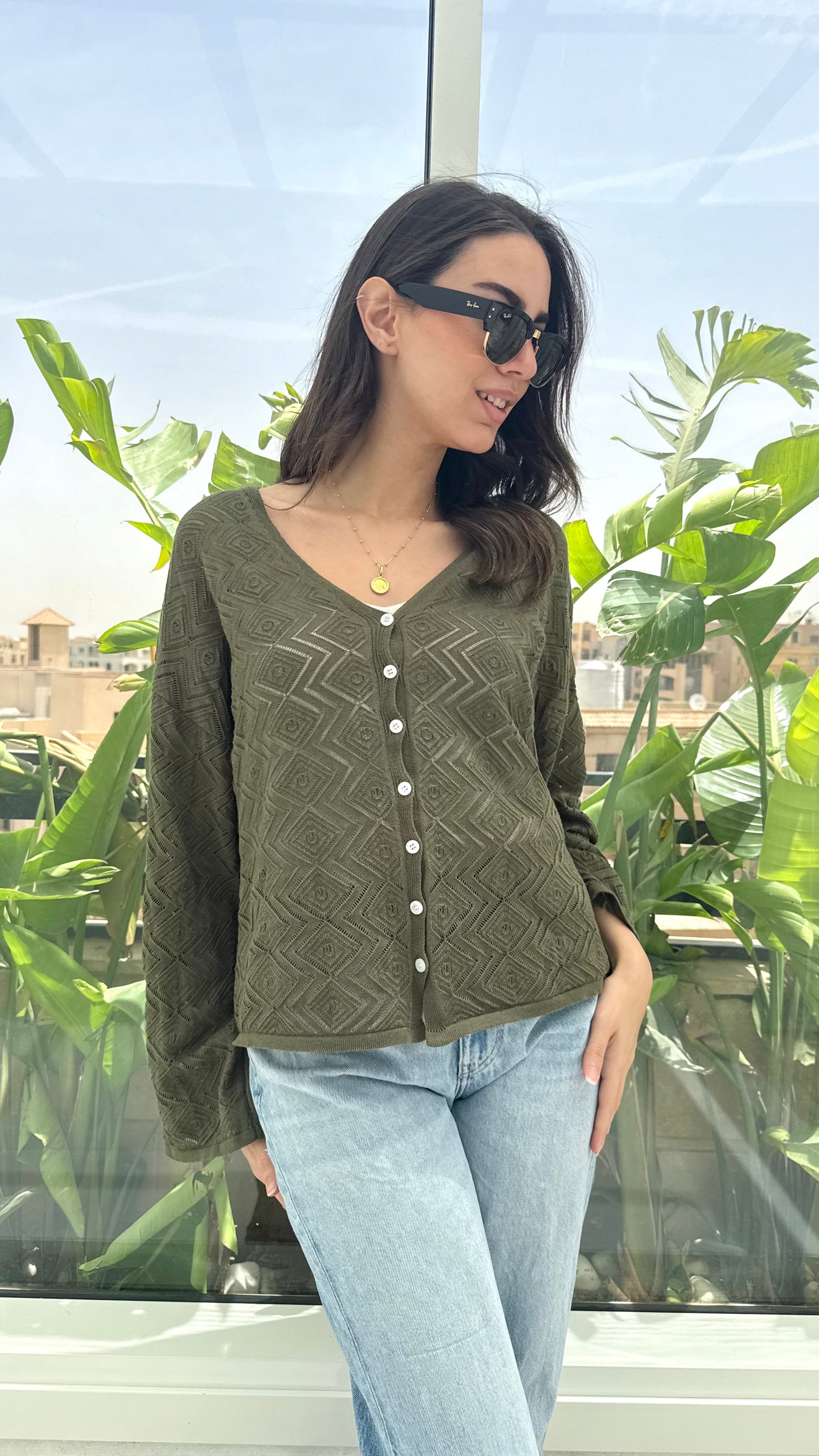 CozyButton Crochet cardigan in olive