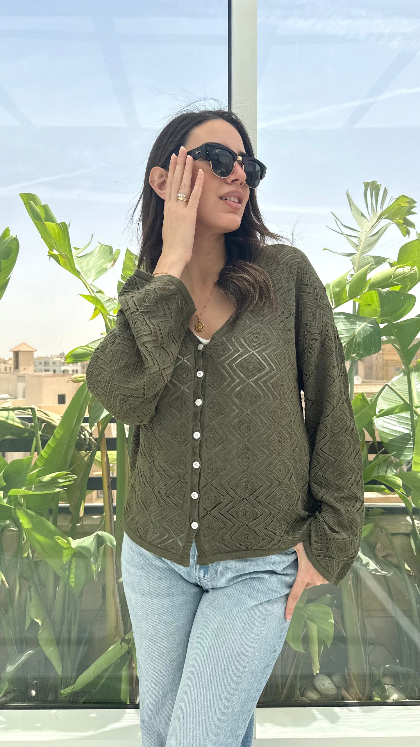 CozyButton Crochet cardigan in olive