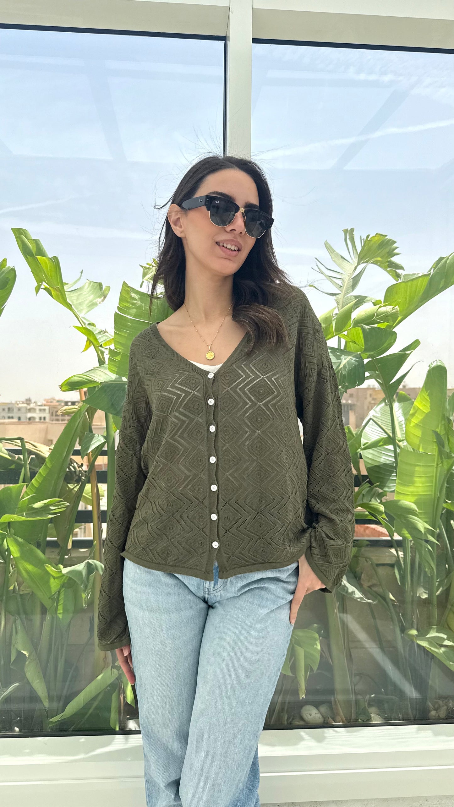 CozyButton Crochet cardigan in olive