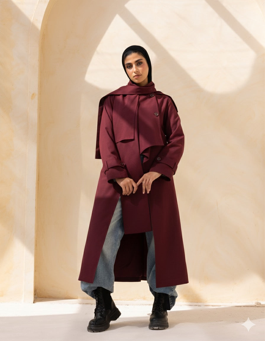 Asymmetric trench coat in Burgundy