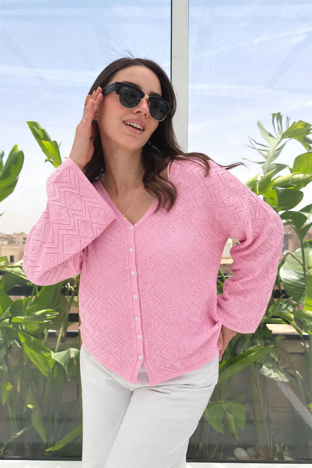 CozyButton Crochet cardigan in pink