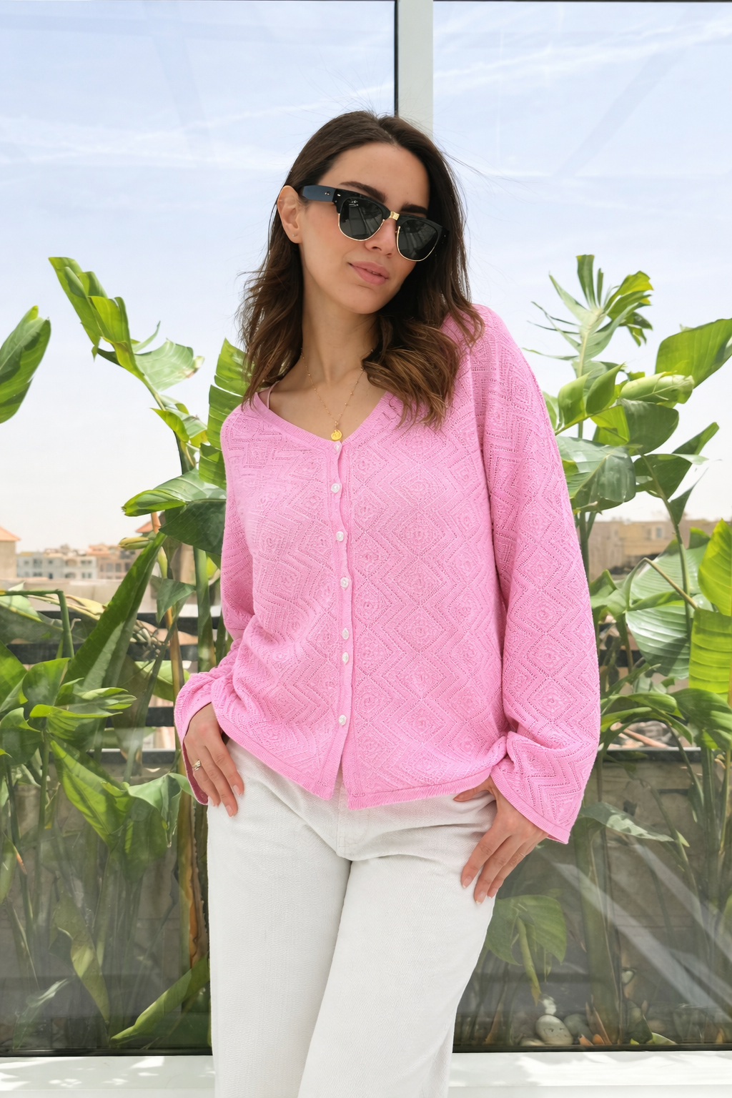 CozyButton Crochet cardigan in pink