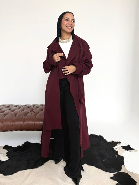 Asymmetric trench coat in Burgundy