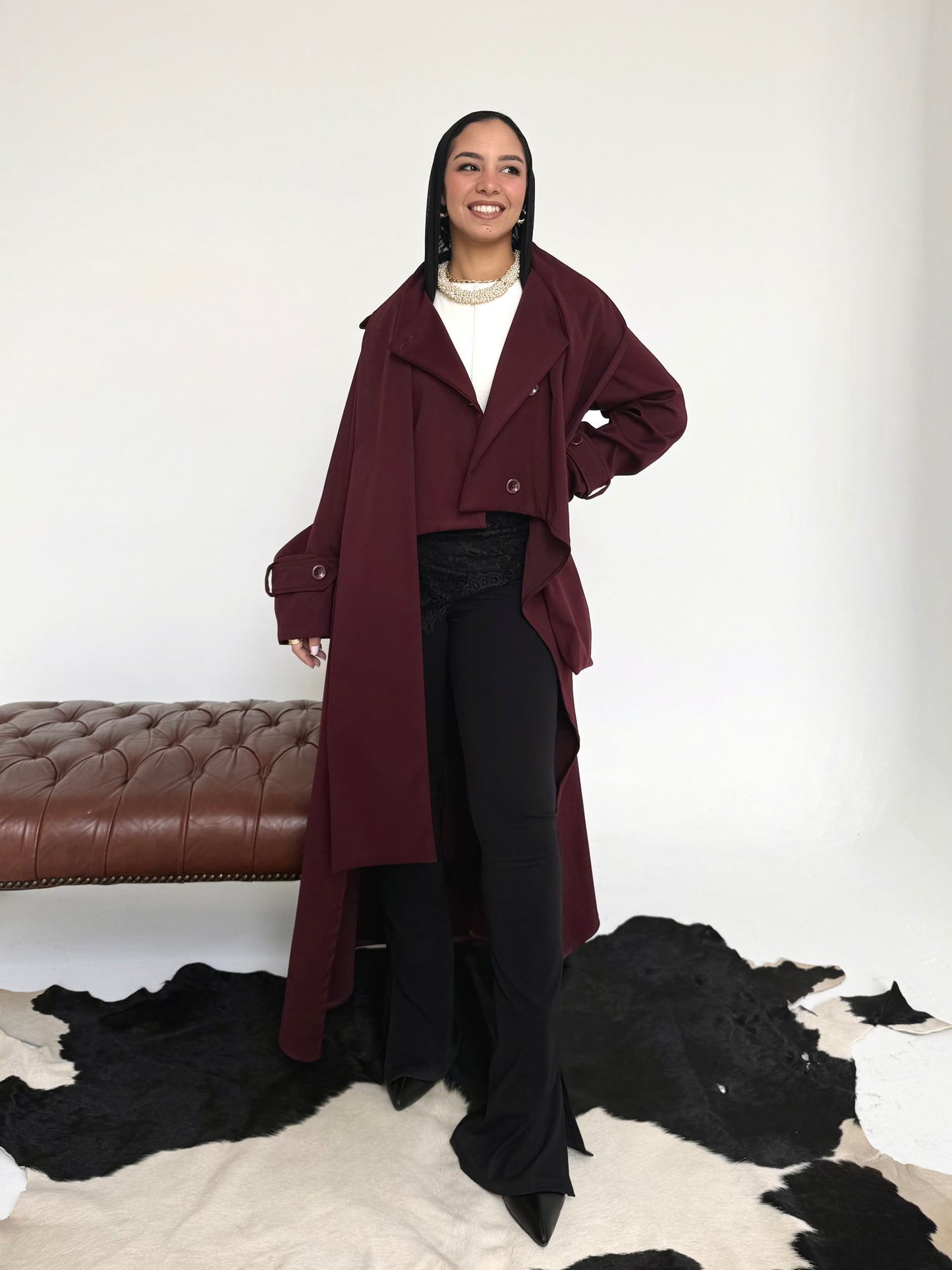 Asymmetric trench coat in Burgundy