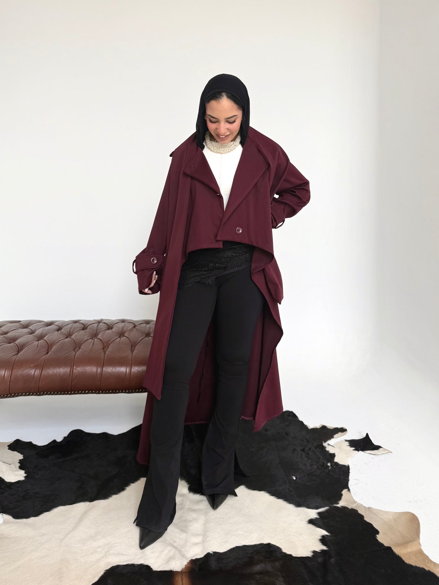 Asymmetric trench coat in Burgundy