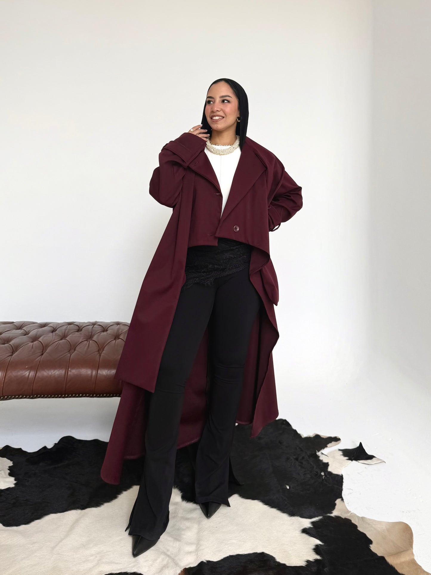 Asymmetric trench coat in Burgundy