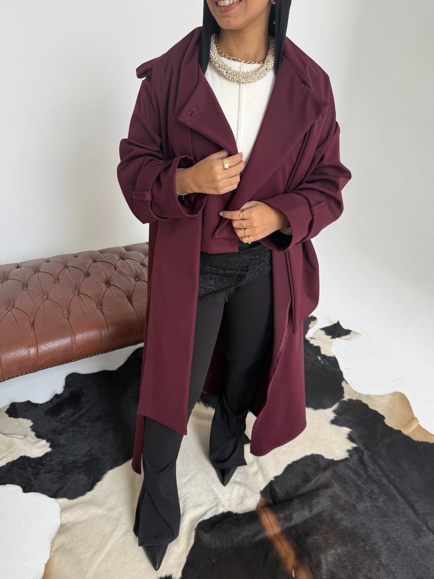 Asymmetric trench coat in Burgundy