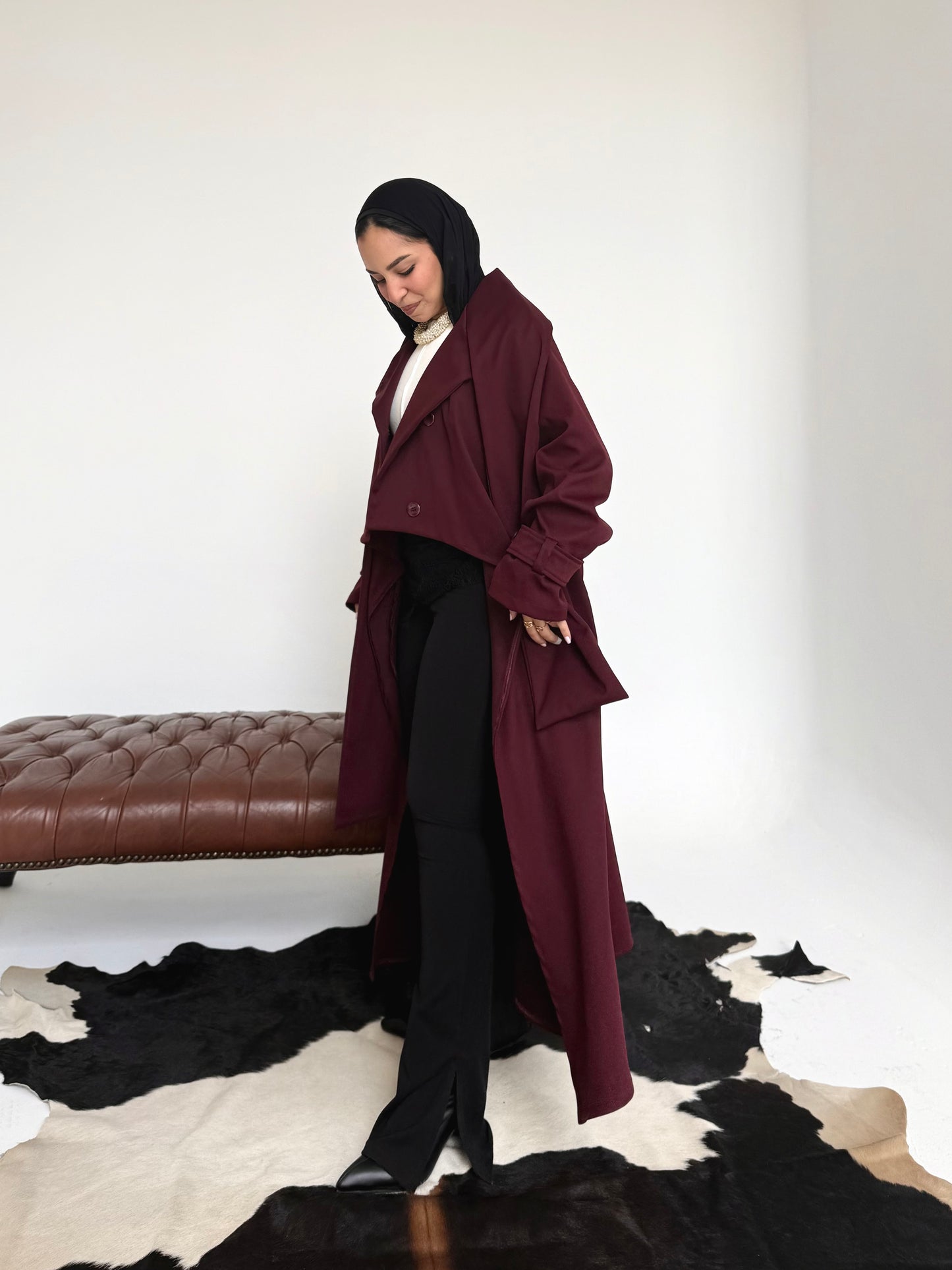 Asymmetric trench coat in Burgundy