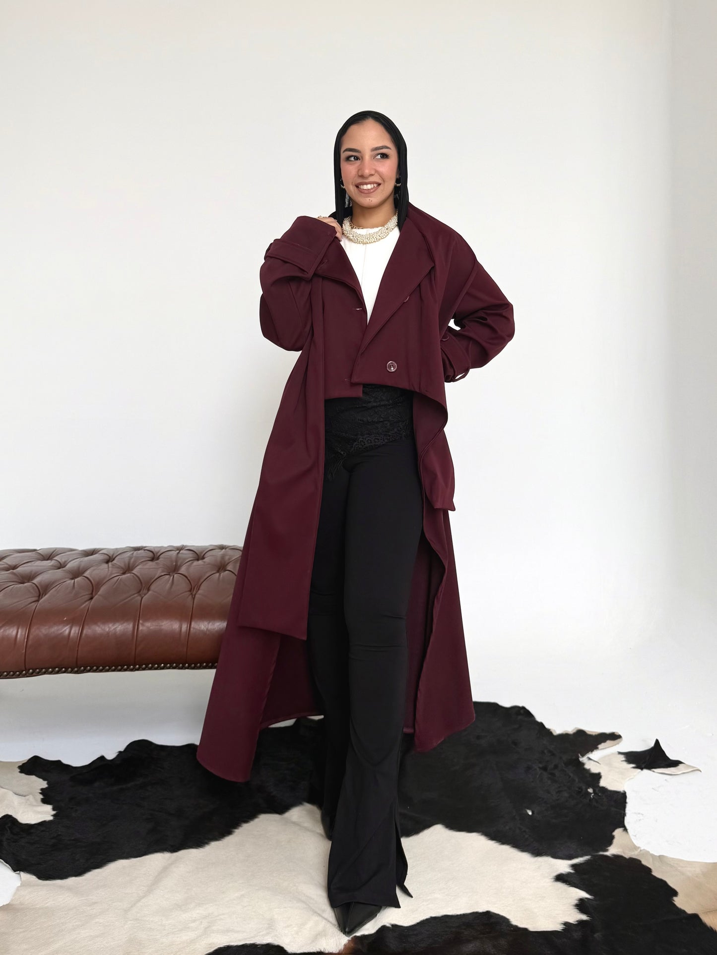 Asymmetric trench coat in Burgundy