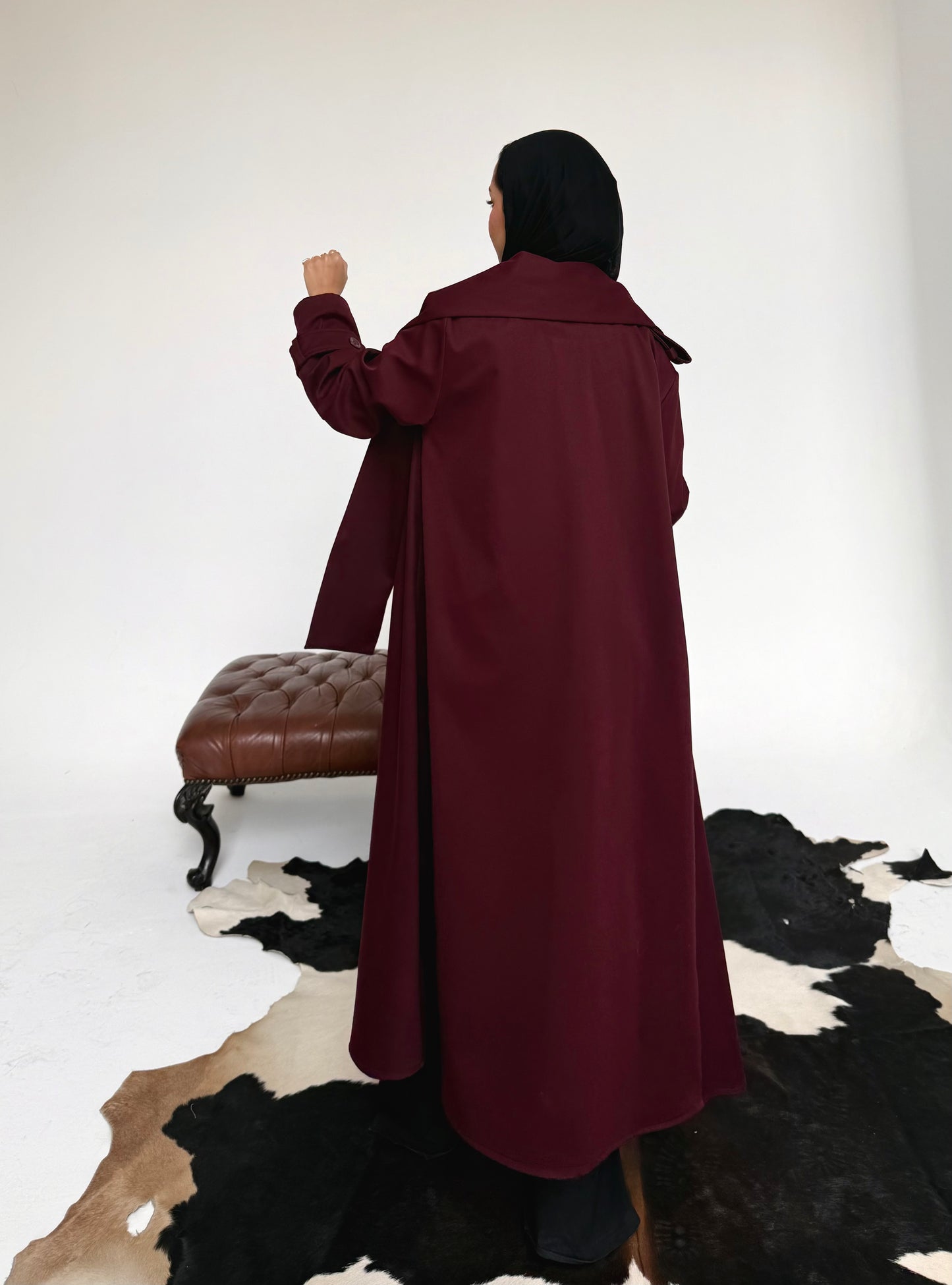 Asymmetric trench coat in Burgundy