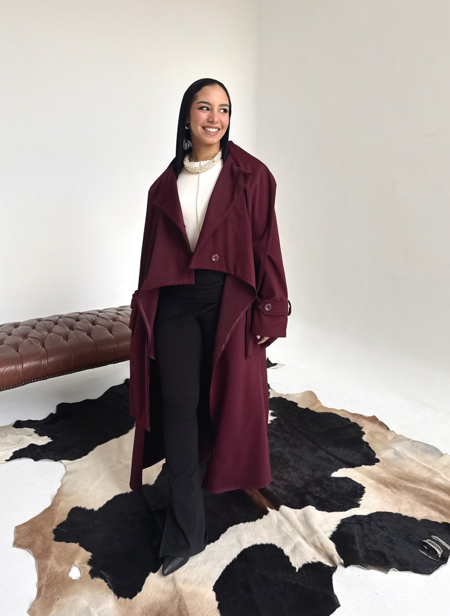 Asymmetric trench coat in Burgundy