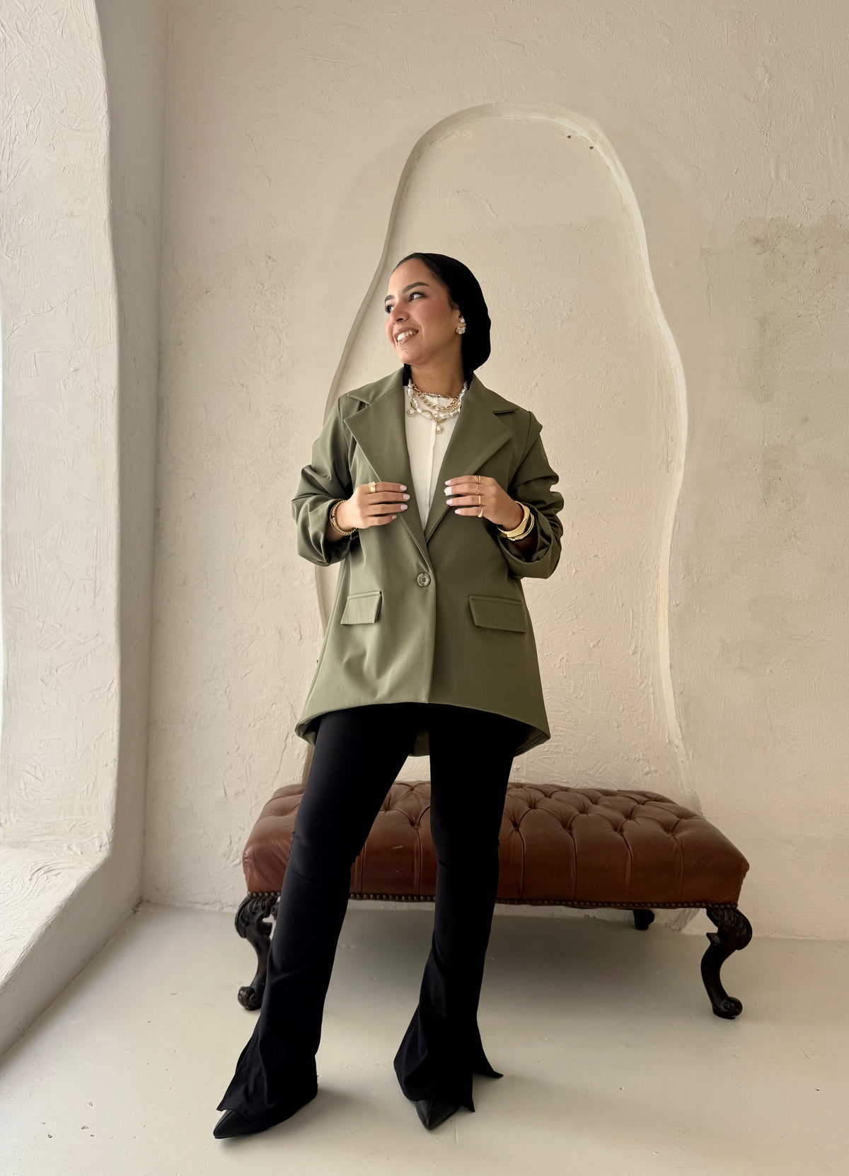 High and low formal jacket in olive