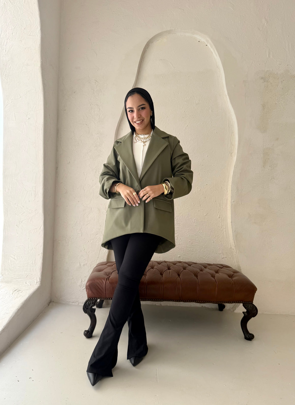High and low formal jacket in olive