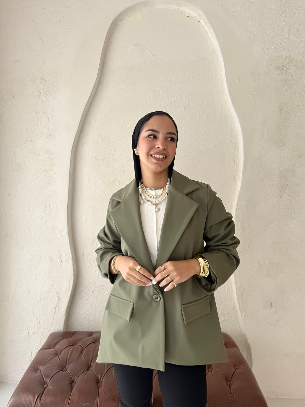High and low formal jacket in olive