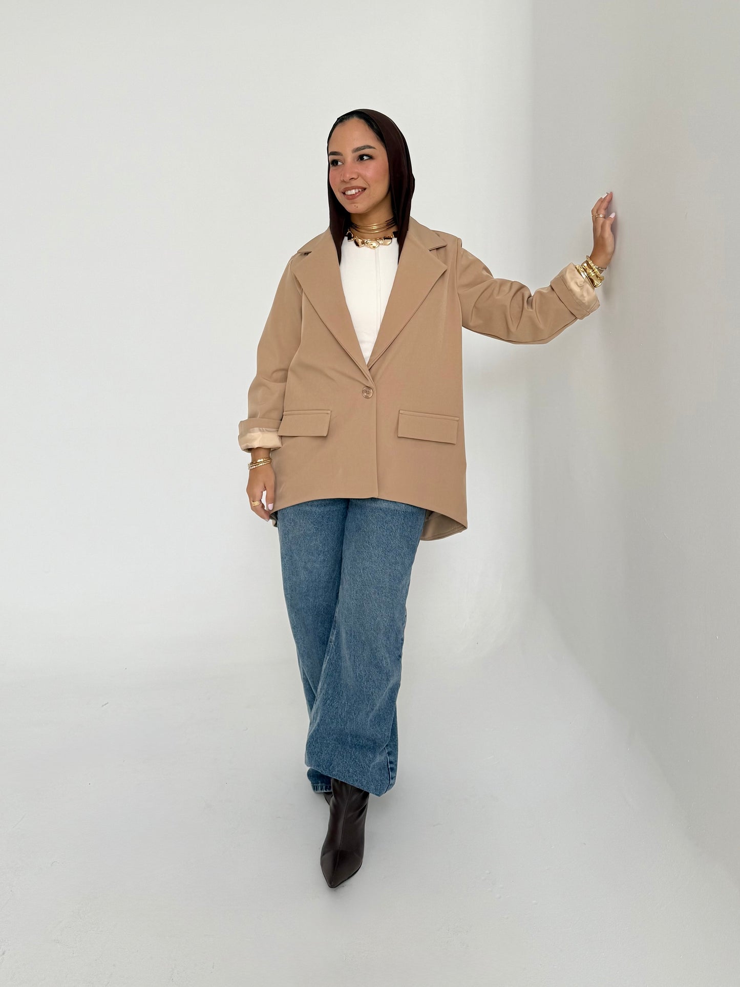 High and low formal jacket in beige