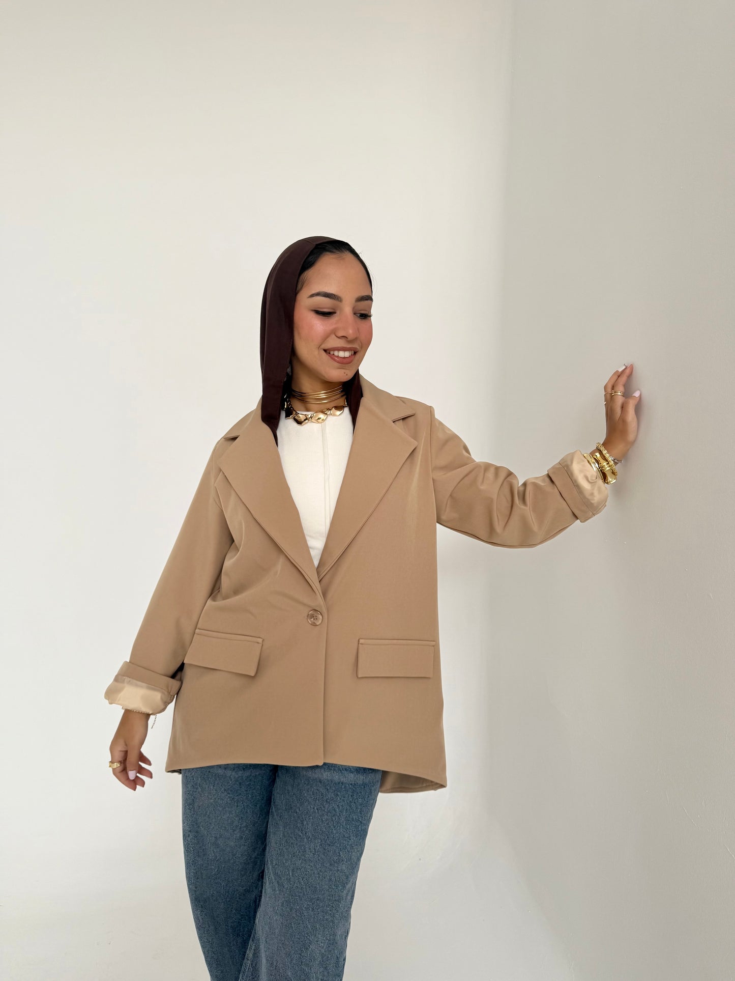 High and low formal jacket in beige
