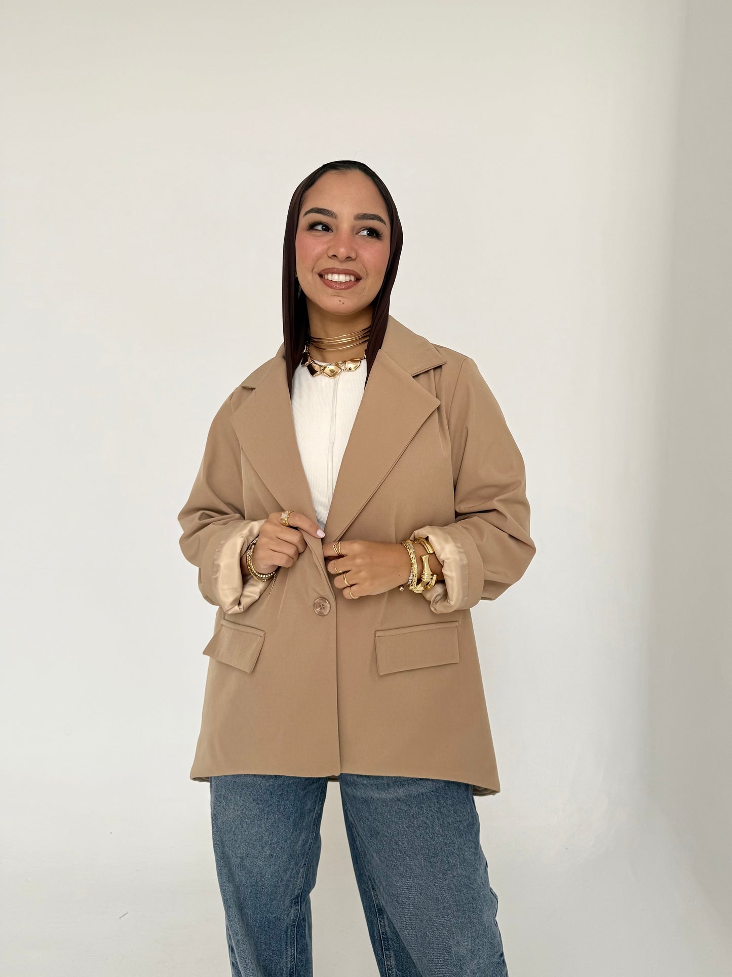 High and low formal jacket in beige