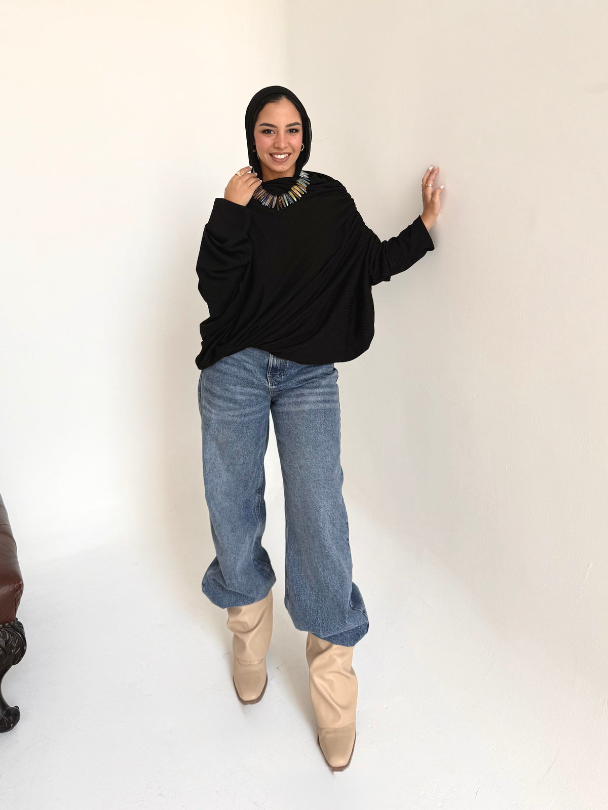 Knitted draping top in black